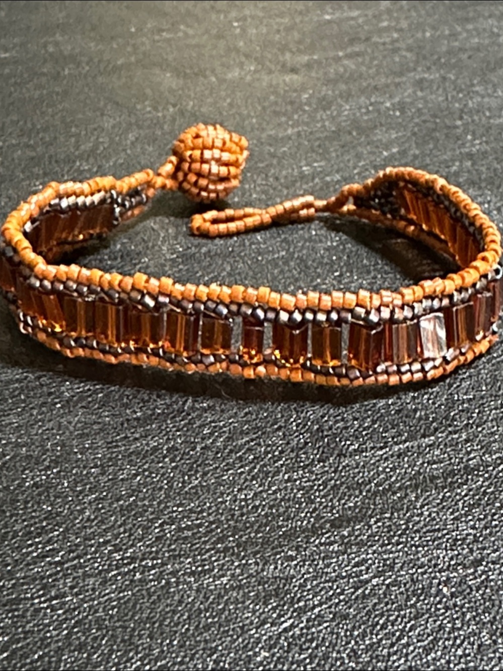 Hand Crafted Dark Orange Metallic Glass Beaded Bracelet